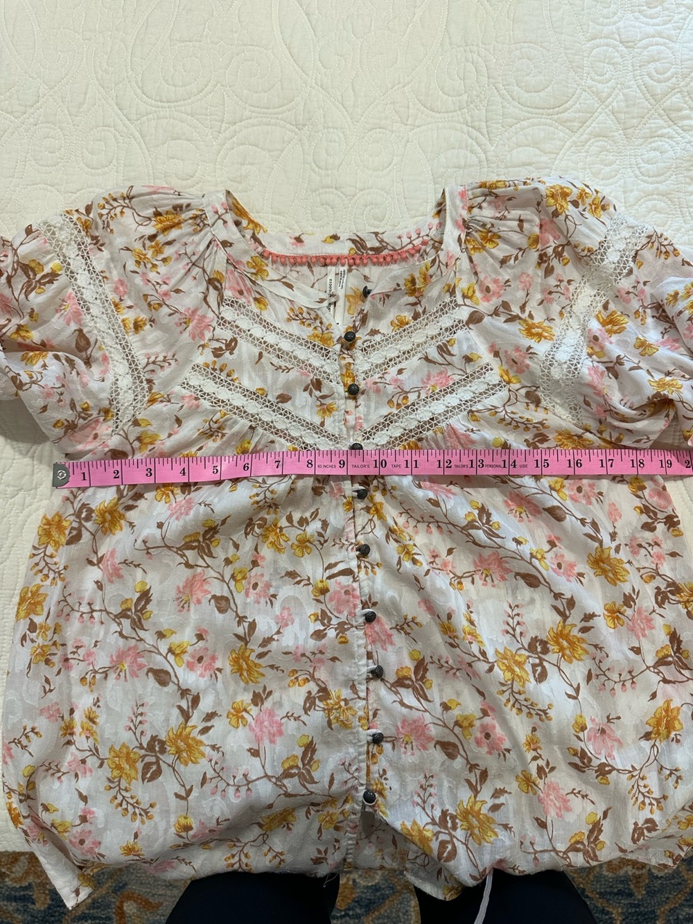 Anthropologie size S Harmony Peasant Blouse in Yellow, Brown, and Pink Floral - Picture 13 of 15